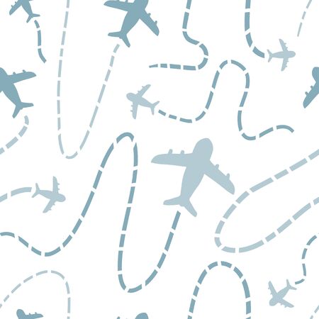 Travel seamless pattern with airplanes. Doodle aircraft destinations. Air traffic silhouette. Hand drawn texture for wallpaper, pattern fills, web, wrapping paper, surfaceのイラスト素材