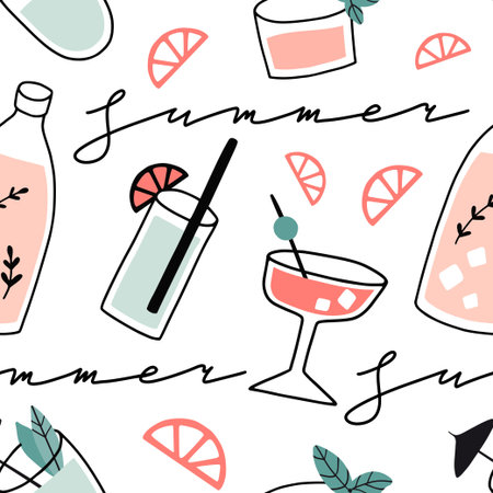 Fresh cocktails seamless pattern. Background with alcohol drinks. Summer holiday and beach party...