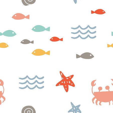 Sea vector seamless pattern with hand drawn stars, fish, crab, waves on white. Nautical background. Cartoon illustration. Hand drawn abstract background for textile, covers, package, wrapping paperのイラスト素材