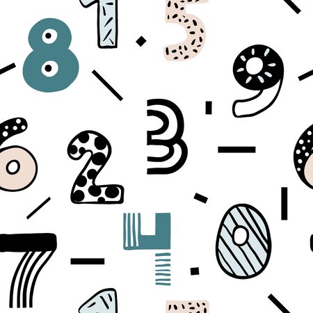 Seamless pattern with doodle numbers. Collection of numerals for kids learning counting or mathematics.のイラスト素材