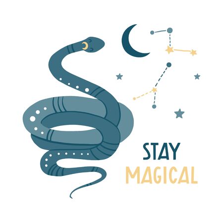 Stay magical. Cute hand drawn snake, stars and constellations. Funny cartooon animal. Flat llustration, poster, print for kids t-shirt, baby wear. Slogan, inspirational, motivation quoteのイラスト素材