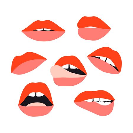 Woman's lip set. Girl mouths with red lipstick makeup expressing different emotions. Sexy mouth kissing. Vector collection for valentines day. Hand drawn set. Female beautiful illustrationのイラスト素材