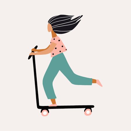 Happy girl riding kick scooter. Cartoon female character. Sport people concept. Hipster activity. Cute hand drawn flat illustration. Eco city transport, ecology technologies. Healthy lifestyle. Vectorのイラスト素材
