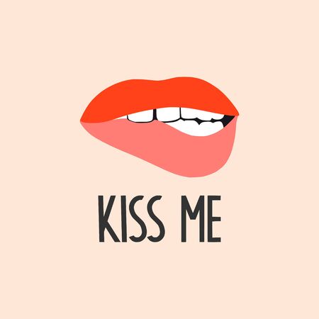 Kiss me. Woman's lip illustration. Girl mouth with red lipstick makeup. Sexy mouth kissing. Vector hand drawn concept for valentines day. Female beautiful print or card. Isolated. Hand letteringのイラスト素材