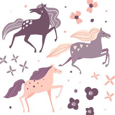 Beautiful horses and flowers. Print, card or poster. Flat style cartoon floral illustration. Farm animals collection. Cute hand drawn characters. Nature. Wildlife set in vector. Pink and purpleのイラスト素材