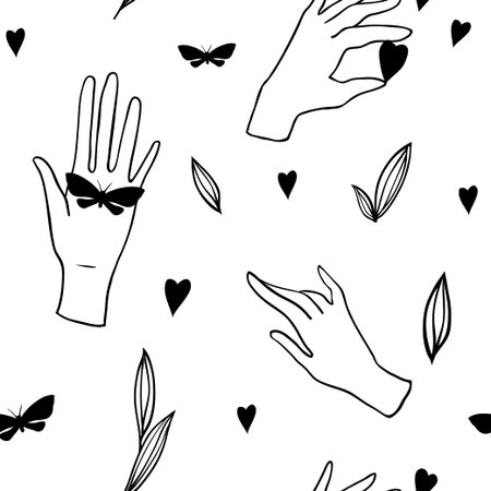Seamless pattern with hands on white background. Vector illustration. Hand drawn cartoon illustration for your design.のイラスト素材
