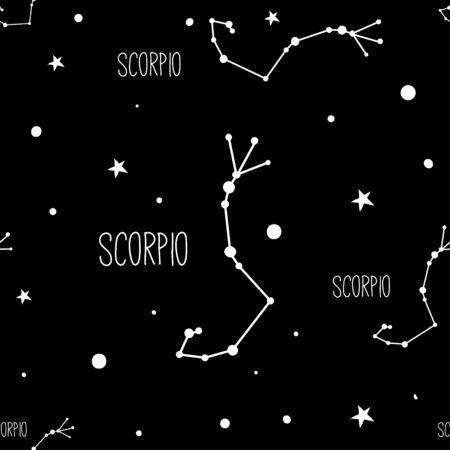 Scorpio. Seamless pattern with zodiac sign. Night sky with stars and constellations. Hand drawn astrological vector background.のイラスト素材