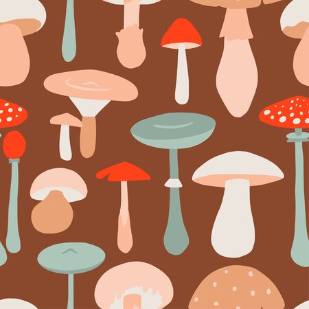 Seamless pattern with forest mushrooms. Flat style, doodle texture for design, textile, packaging, paper. Hand drawn autumn illustration in vector.のイラスト素材