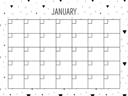 January. Universal Monthly Planner Template. Vector. Hand drawn doodle texture. Abstract shapes. Schedule for daily plans, impotant dates. Printable Organizer, calendar for study, school or workのイラスト素材