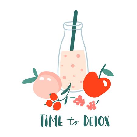 Time to detox. Smoothie or juice in jar with fruits, berries. Hand drawn glass bottle with summer cocktail. Concept for healthy food menu bar. Vegan, fresh and cold beverage. Cute flat vector designのイラスト素材