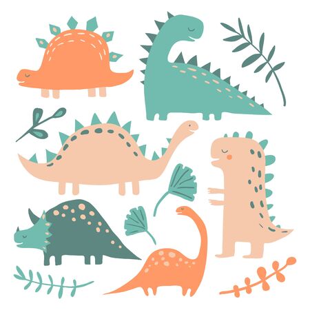Hand drawn dinosaurs and tropical plants, palm tree, leaves. Flat style cute funny cartoon dino collection. Hand drawn vector set for kids. Vector colorful illustration with animals. Jurassic Periodのイラスト素材