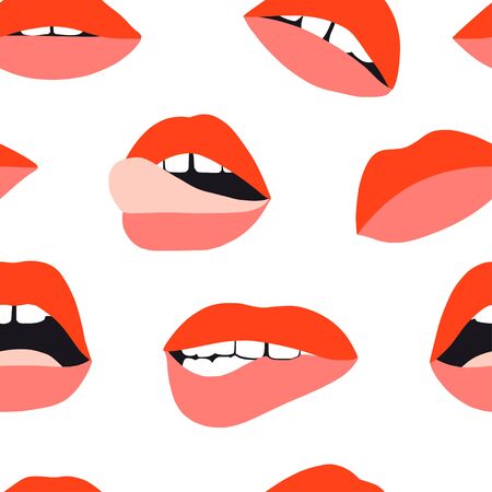 Woman's lip seamless pattern. Girl mouths with red lipstick makeup expressing different emotions. Sexy mouth kissing. Vector texture for valentines day. Hand drawn female beautiful illustrationのイラスト素材