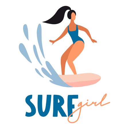 Surfer girl on boards catching waves in the sea. Cute cartoon flat people in vector. Beach summer travel lifestyle illustration for card, print or poster. Sport fitness concept. Young woman charactersのイラスト素材