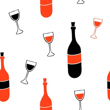 Wine and glass seamless pattern. Sketch style hand drawn illustration.のイラスト素材