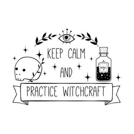 Vector witch magic design print with text. Hand drawn, doodle, sketch magician illustration. Witchcraft symbols: potion, eyes, scull. Perfect for tattoo, textile, cards, mysteryのイラスト素材