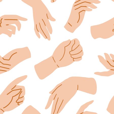Hands on white seamless pattern, vector illustration. Hand drawn texture with human palms, wrists, gestures. Simple flat style, sketch background for fabric, textile, paperのイラスト素材