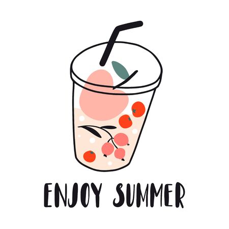 Enjoy summer. Fruits and berries fresh cold beverage, juice, cocktail, lemonade. Smoothie to go. Hand drawn concept for menu, card, banner. Cute flat vector illustration. Detox, diet, healthy foodのイラスト素材