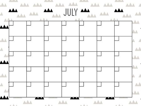 July. Universal Monthly Planner Template. Vector. Hand drawn doodle texture. Abstract shapes. Schedule for daily plans, impotant dates. Printable Organizer, calendar for study, school or workのイラスト素材