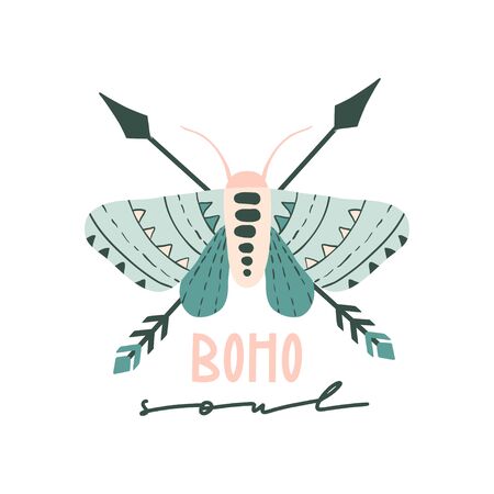 Boho soul. Hand drawn motivational inspirational quote. Hippie design with moth and arrows. Vector isolated flat typography design elements. Hand lettering phrase for posters, t-shirt prints, cardsのイラスト素材