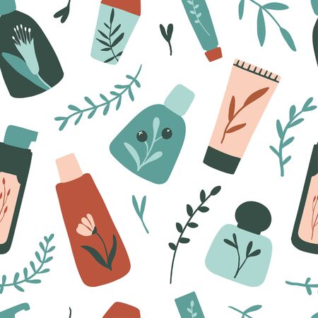 Organic cosmetic seamless pattern: bottles, jars, tubes. Herbal cosmetics texture. Flat hand drawn style. Woman stuff, eco girls accessory concept. Natural face care products. Vector illustrationのイラスト素材