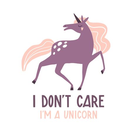 Cute hand drawn unicorn. Flat magic animal illustration, card, poster, print for kids t-shirt, baby wear. Slogan, inspirational, motivation quotes with letteringのイラスト素材