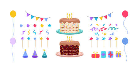 Illustration birthday party vector set. Element for fun anniversary day celebrate, gift; balloon, cake, party hat; candle; isolated on white.のイラスト素材