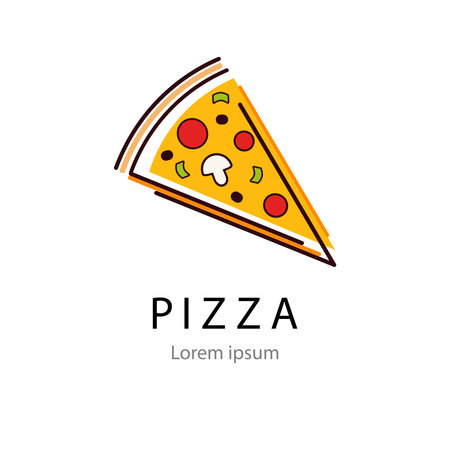 Poster for design, restaurant, cafe, pizzeria. Vector illustration isolated with place for your text on white background. Pizza slice food logo.のイラスト素材