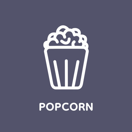 popcorn line icon with text. Popcorn, bucket, box. Vector illustration isolated on dark background. Food, snack.のイラスト素材