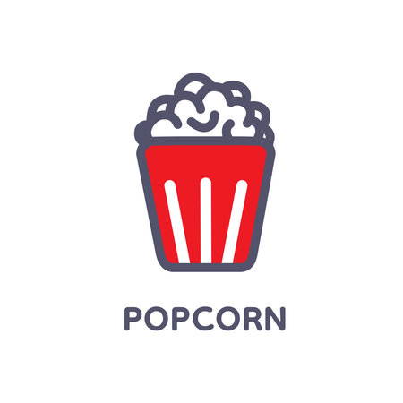 popcorn line icon with text. Popcorn, bucket, box. Vector illustration isolated on white background. Food, snack. red color.のイラスト素材