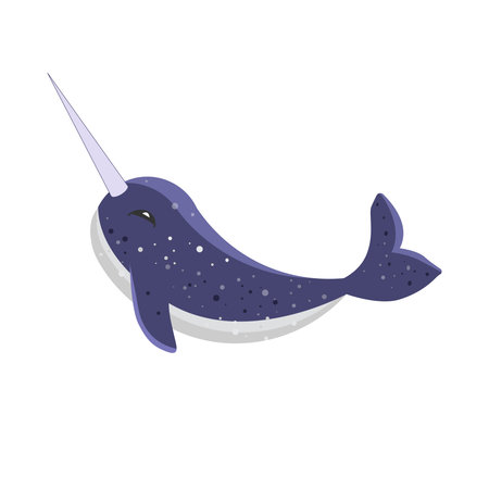 Vector illustration of cute cartoon narwhal. isolated on white background. Poster and banner element, children's book illustration, postcard, gift card, print for t-shirt and more, sticker, label and other.のイラスト素材