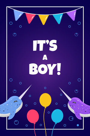 Cute cartoon card. "It is a boy! text with dolphins, garlands, bubble and balloons underwater. Can be used for baby shower.のイラスト素材
