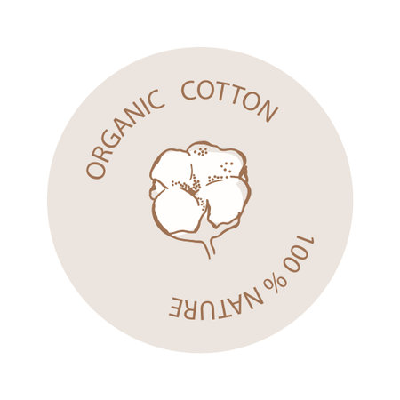 Background of circle shape.Horizontal label with cotton balls on a beige background and the inscription: organic cotton. The composition of the logo. Illustration cotton branch.のイラスト素材