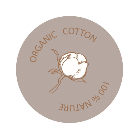Background of circle shape. Label with cotton balls on a beige background and the inscription: organic cotton. The composition of the logo. Illustration cotton branch.のイラスト素材