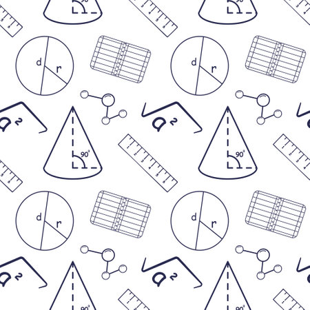 Seamless pattern with elements for school isolated on white background. Geometry cone, indoor triangle, circle, diameter, radius, ruler, exercise book. dark blue color.のイラスト素材