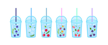 Set of Water Bottles with different berries and leaves. Refreshing summer drink. Isolated on white background.のイラスト素材