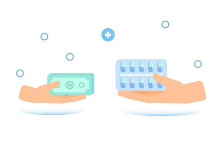 Hand giving money for medicine. Buying medical pills, blister for dollar bills. Healthcare. Medicine healthcare concept, Vector illustration for web, mobile app in flat style.のイラスト素材