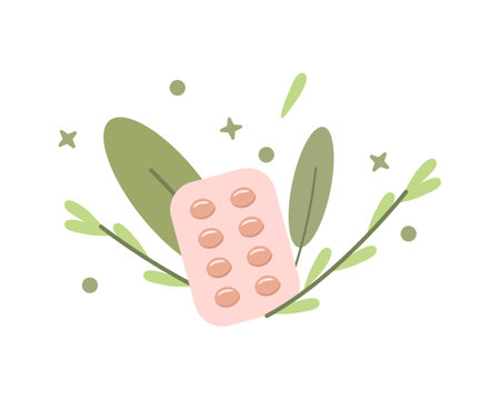 Homeopathic pills and tablet against background of leaves. Alternative medicine. Homeopathic treatment concept. Herbal capsules. Homeopathic pharmacy.のイラスト素材