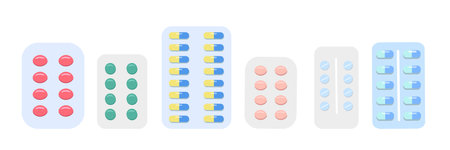 Set of vector pills and capsules. Icons medicine. Tablets in blisters: painkillers, antibiotics, vitamins. Pharmacy and drug symbols. Vector illustration isolated on white backgrのイラスト素材