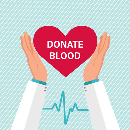 Donate Blood. Poster for World Blood Donor Day. Concept heart and hands. Isolated. Vector illustration. Give blood save life,のイラスト素材