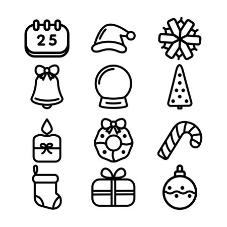 Holiday icon set. Christmas elements. Christmas tree, gif box, bell, candle, present, hat, snowflake, Christmas wreath, candy cane, Christmas sock, calendar, Christmas toy, Glass sのイラスト素材