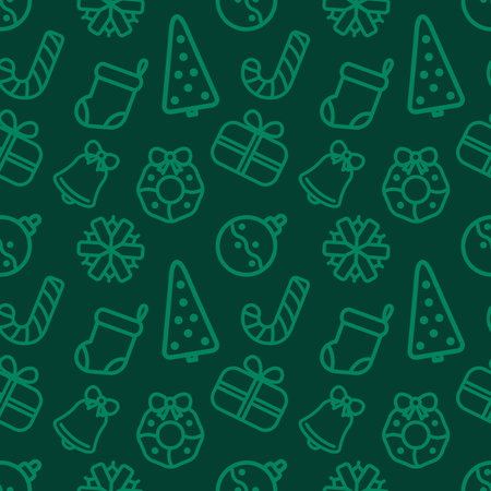 Christmas icons elements. Seamless pattern. Vector illustration on green background.