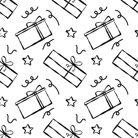 Seamless pattern with Christmas birthday doodle gift boxes. Wrapping paper pattern, with bow and ribbons. Vector illustration.のイラスト素材