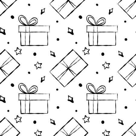Seamless pattern with Christmas birthday doodle gift boxes. Wrapping paper pattern, with bow and ribbons. Vector illustration.のイラスト素材