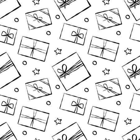 Seamless pattern with Christmas birthday doodle gift boxes. Wrapping paper pattern, with bow and ribbons. Vector illustration.のイラスト素材