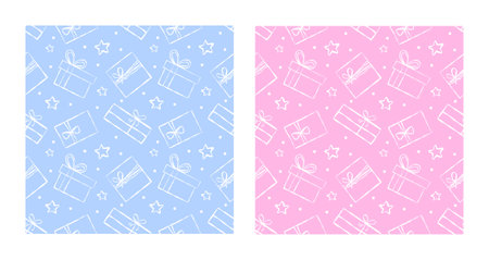 Vector illustration isolated on blue and pink background. Newborn baby shower seamless pattern for greeting cards, print, wrapping paper, wallpaper, textile.のイラスト素材