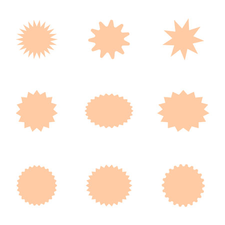 Set starburst sale stickers, quality mark, promo stickers, price tags of trend color peach fuzz, special offer explosion silhouettes. Flat vector illustration Isolated on white baのイラスト素材