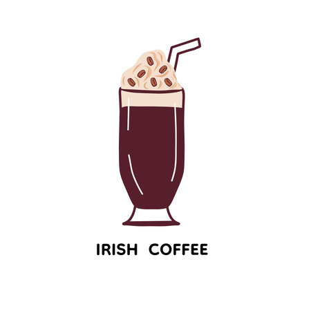 Alcohol cocktail Irish coffee. Cute vector illustration with straw. Element isolated on white background. For menu, flyer, booklet, brochure, background, card, invitation.のイラスト素材