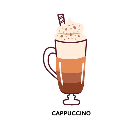 Cute vector illustration of Cappuccino in glass with straw. Element isolated on white background. For menu, flyer, booklet, brochure, background, card, invitation.のイラスト素材