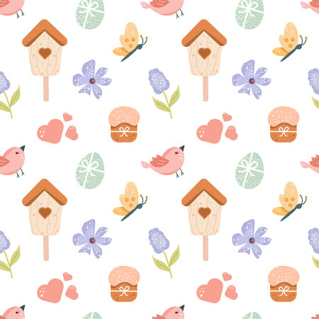 Seamless pattern childish happy Easter design elements in pastel colors. Rabbit, bug, lilac,feeder, easter cake, housebird, flowers, eggs, butterfly and other spring elements. Forのイラスト素材