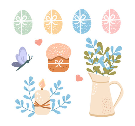 Cute set happy Easter design elements in pastel colors. Eggs, flowers, butterfly, easter cake other spring elements. For poster, covers, label, template, pattern, holiday decoratiのイラスト素材